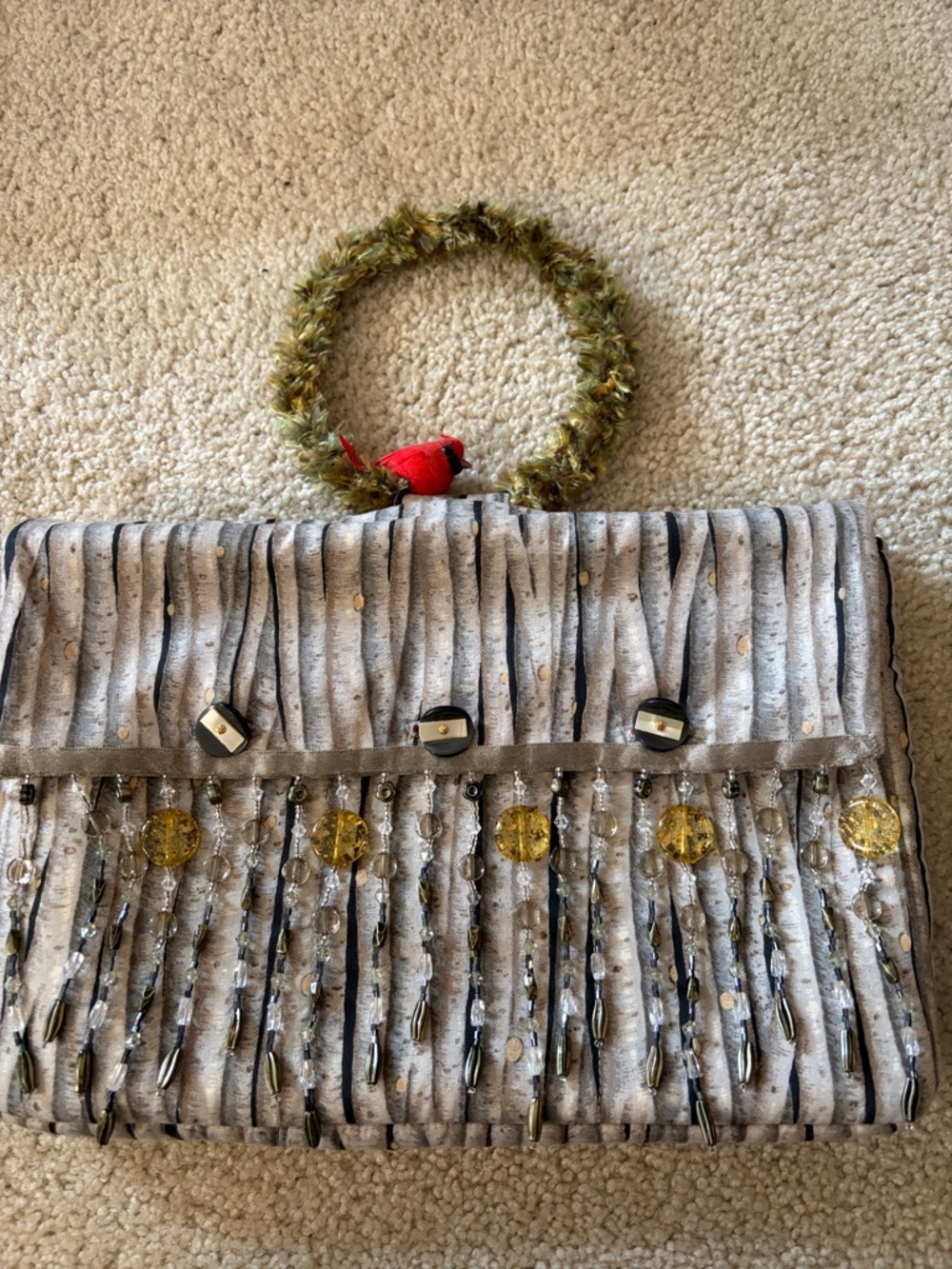 Unique Bird Purse with Green Handle and Beaded Fringe